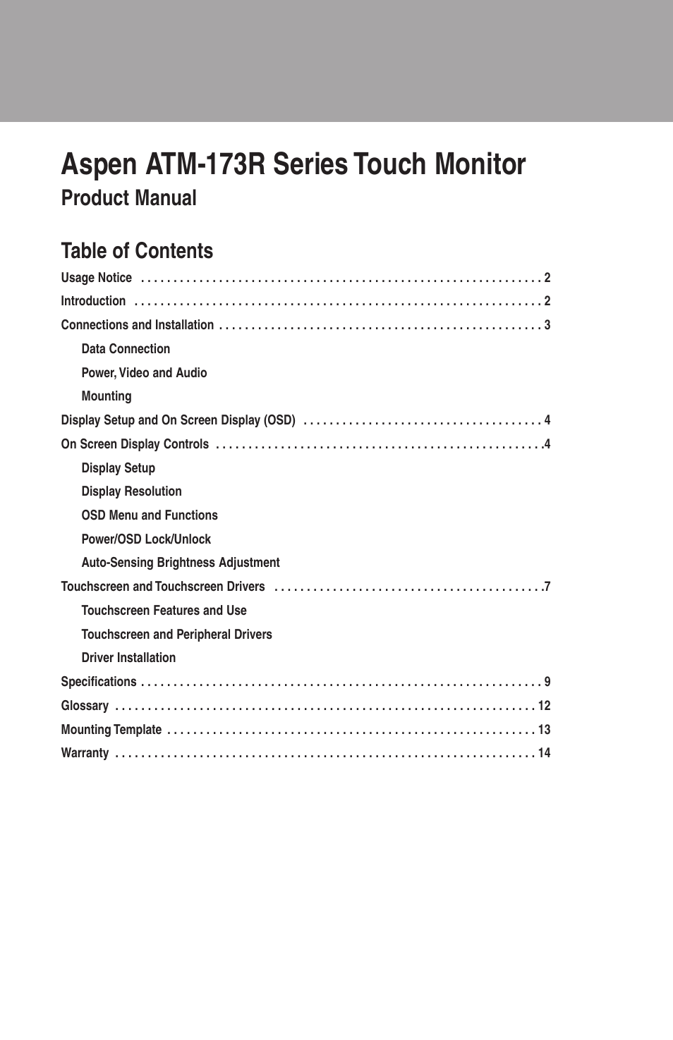 Aspen atm-173r series touch monitor, Product manual table of contents | Aspen Touch Solutions ATM-173R User Manual | Page 3 / 18