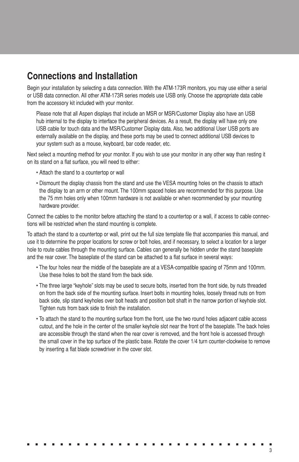 Connections and installation | Aspen Touch Solutions ATM-173R User Manual | Page 5 / 18