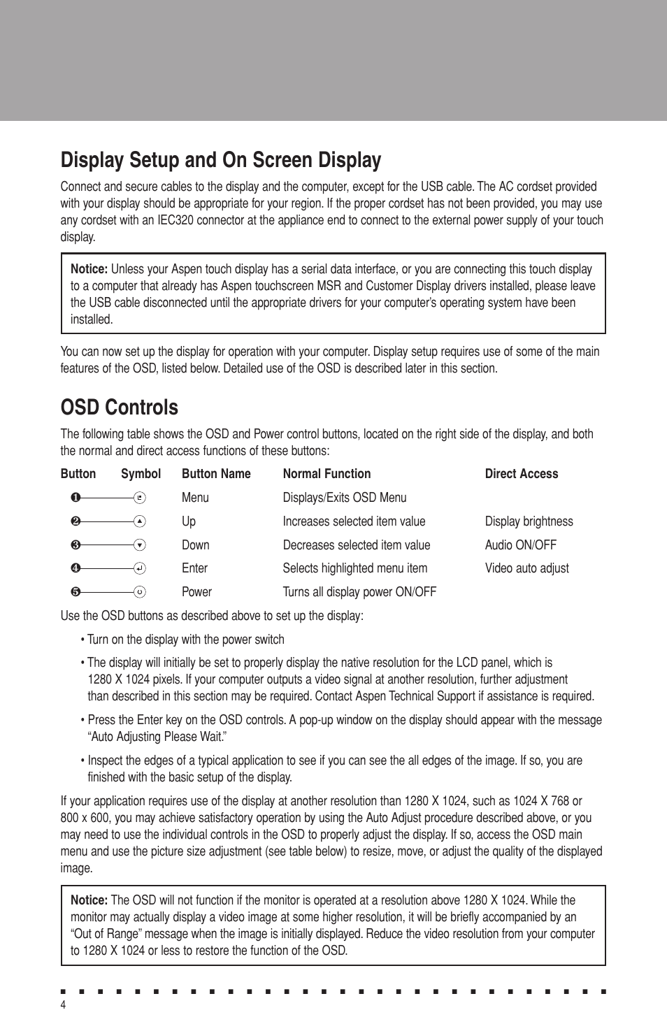 Display setup and on screen display, Osd controls | Aspen Touch Solutions ATM-173R User Manual | Page 6 / 18