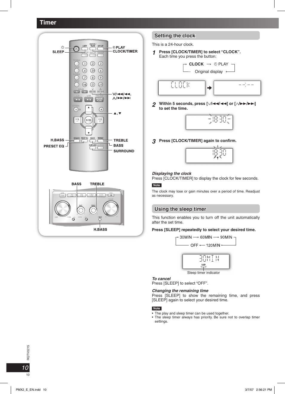 Timer, Setting the clock, Using the sleep timer | Panasonic SCPMX2 User Manual | Page 10 / 58