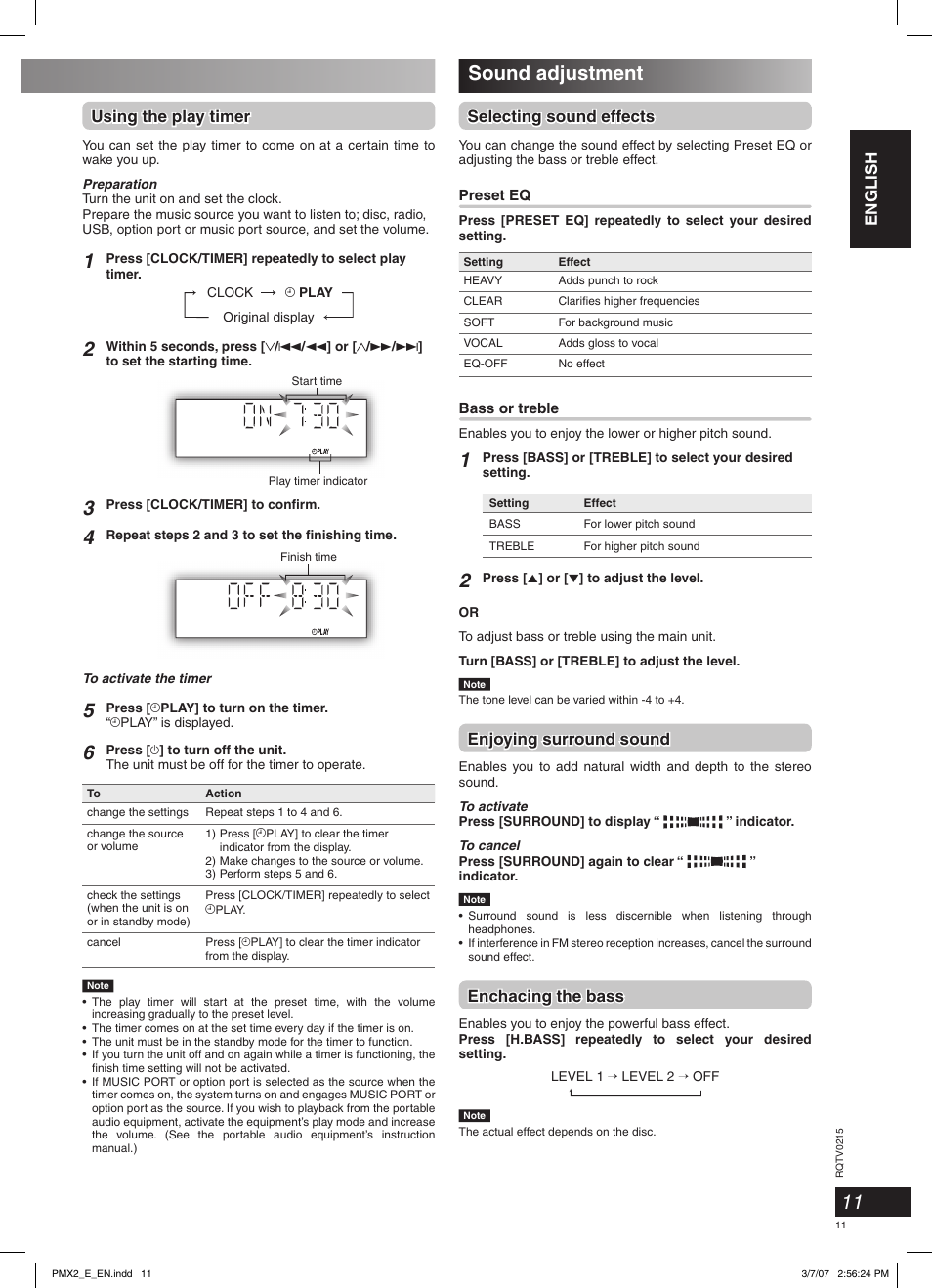 Sound adjustment, Enjoying surround sound, Enchacing the bass | Using the play timer | Panasonic SCPMX2 User Manual | Page 11 / 58