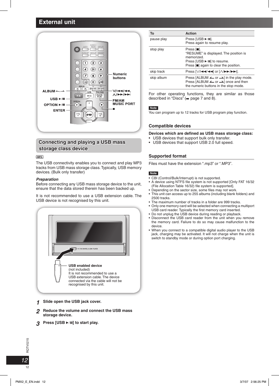 External unit, Connecting and playing a usb mass | Panasonic SCPMX2 User Manual | Page 12 / 58