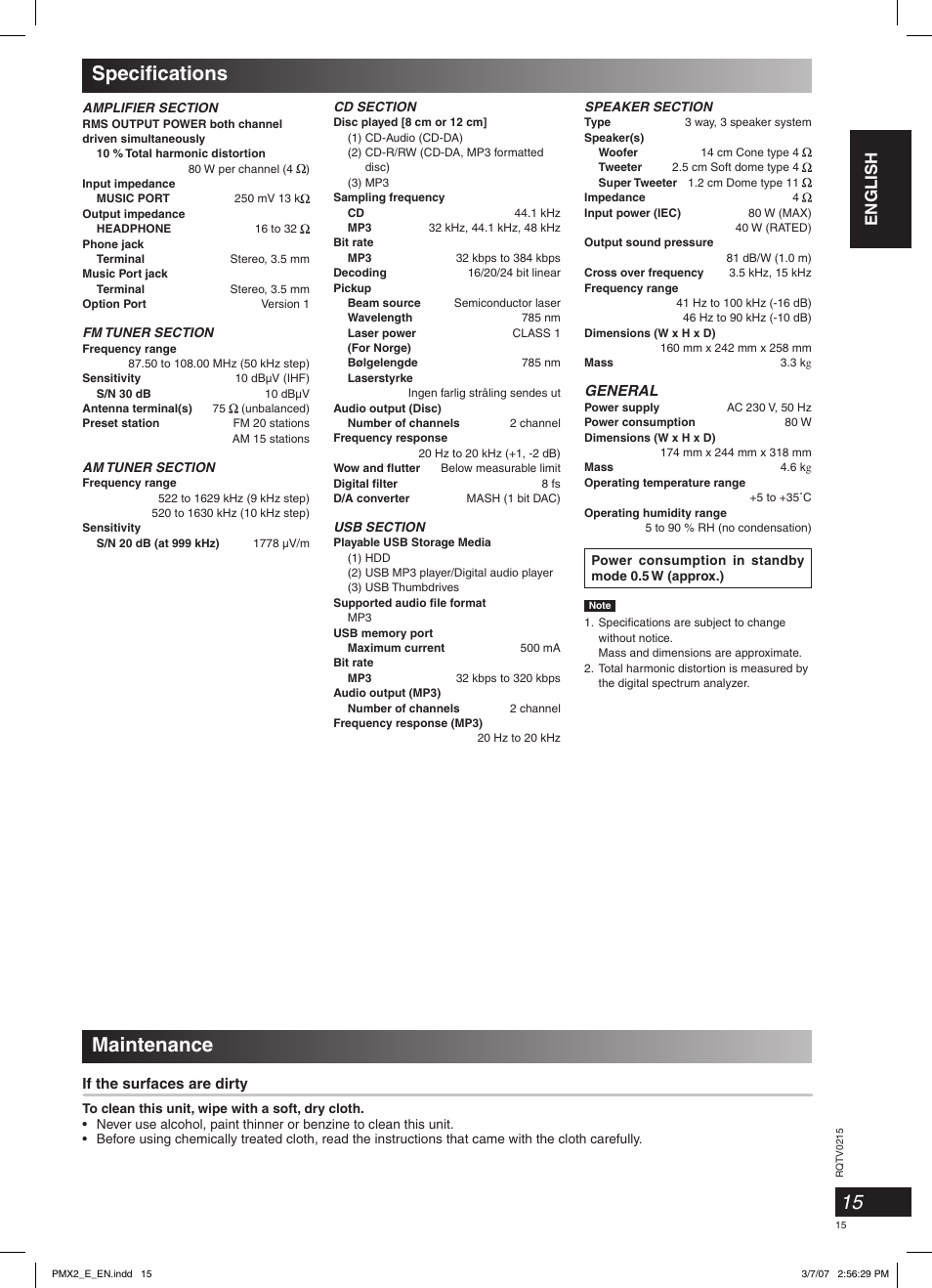 Specifi cations, Maintenance, English | If the surfaces are dirty, General | Panasonic SCPMX2 User Manual | Page 15 / 58