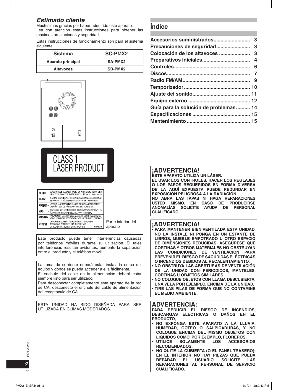 2estimado cliente, Índice, Advertencia | Panasonic SCPMX2 User Manual | Page 16 / 58