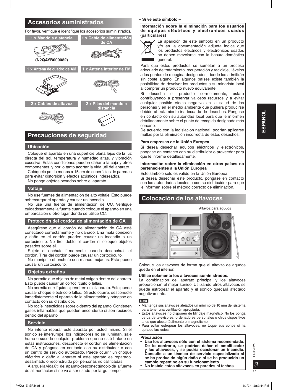 Colocación de los altavoces, Precauciones de seguridad, Accesorios suministrados | Esp añol | Panasonic SCPMX2 User Manual | Page 17 / 58