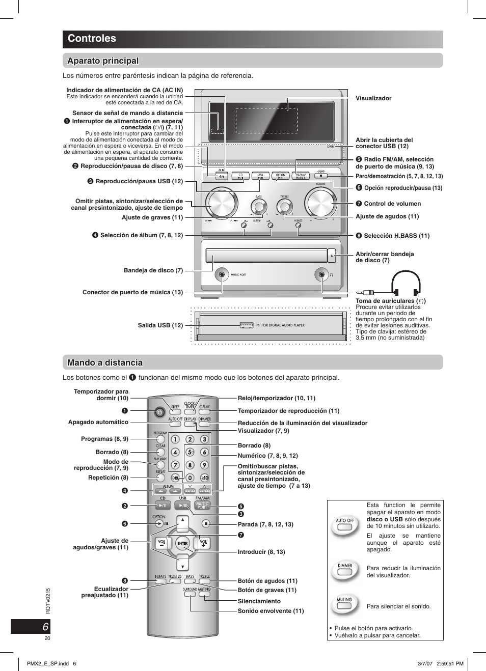 6controles, Mando a distancia, Aparato principal | Panasonic SCPMX2 User Manual | Page 20 / 58