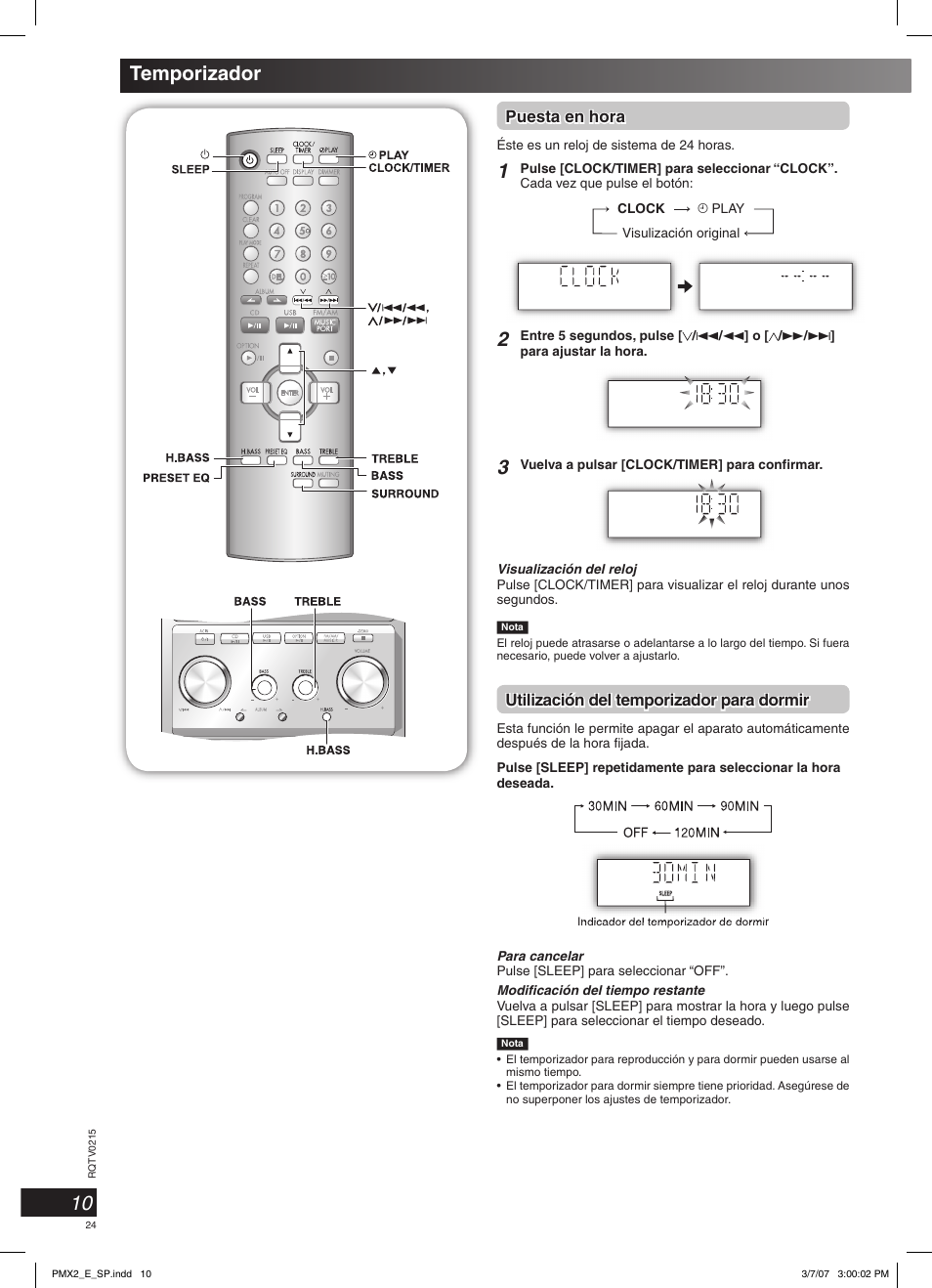 10 temporizador, Puesta en hora, Utilización del temporizador para dormir | Panasonic SCPMX2 User Manual | Page 24 / 58