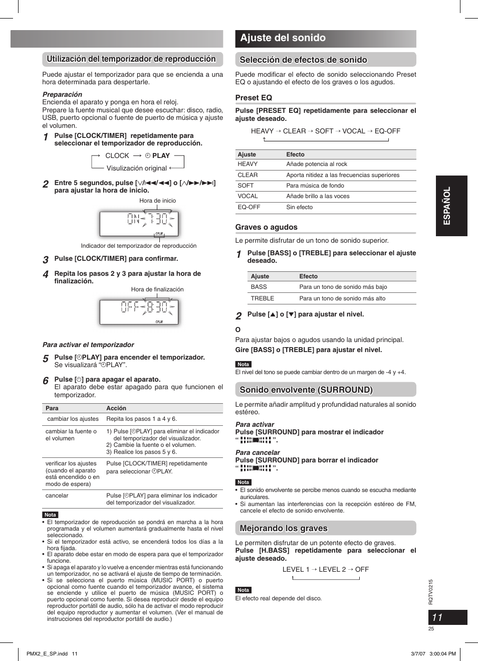 Ajuste del sonido, Selección de efectos de sonido, Sonido envolvente (surround) | Mejorando los graves | Panasonic SCPMX2 User Manual | Page 25 / 58