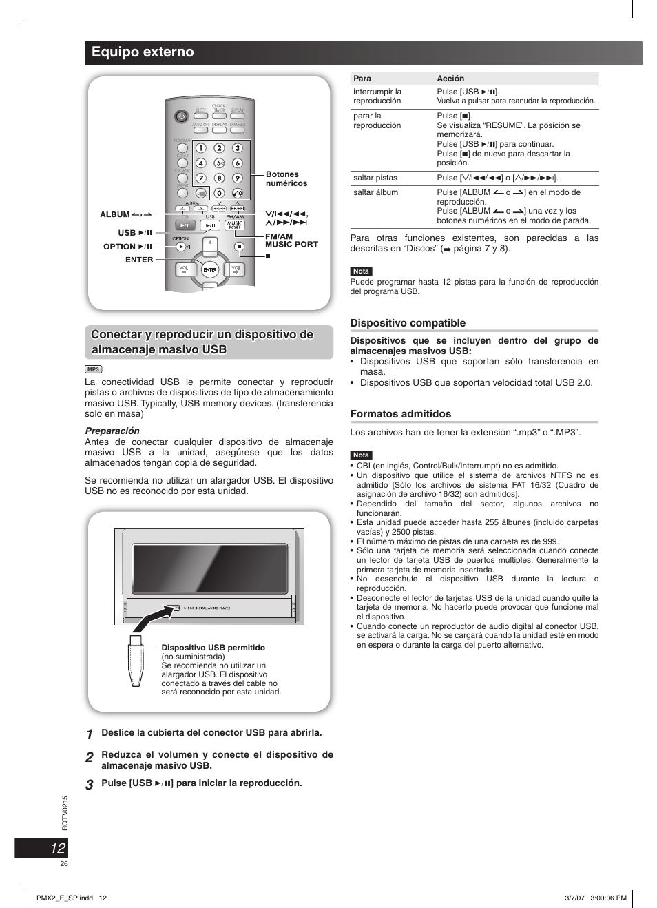 Equipo externo, Conectar y reproducir un dispositivo de | Panasonic SCPMX2 User Manual | Page 26 / 58