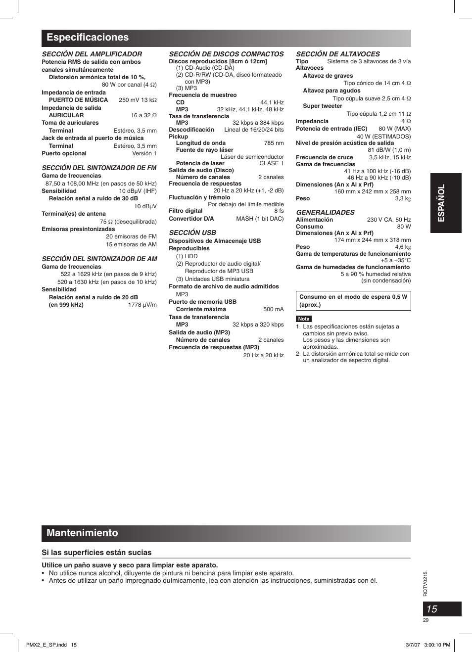 Especifi caciones mantenimiento, Esp añol, Si las superfi cies están sucias | Panasonic SCPMX2 User Manual | Page 29 / 58
