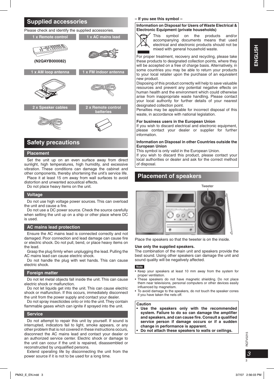 Placement of speakers, Supplied accessories, Safety precautions | English | Panasonic SCPMX2 User Manual | Page 3 / 58