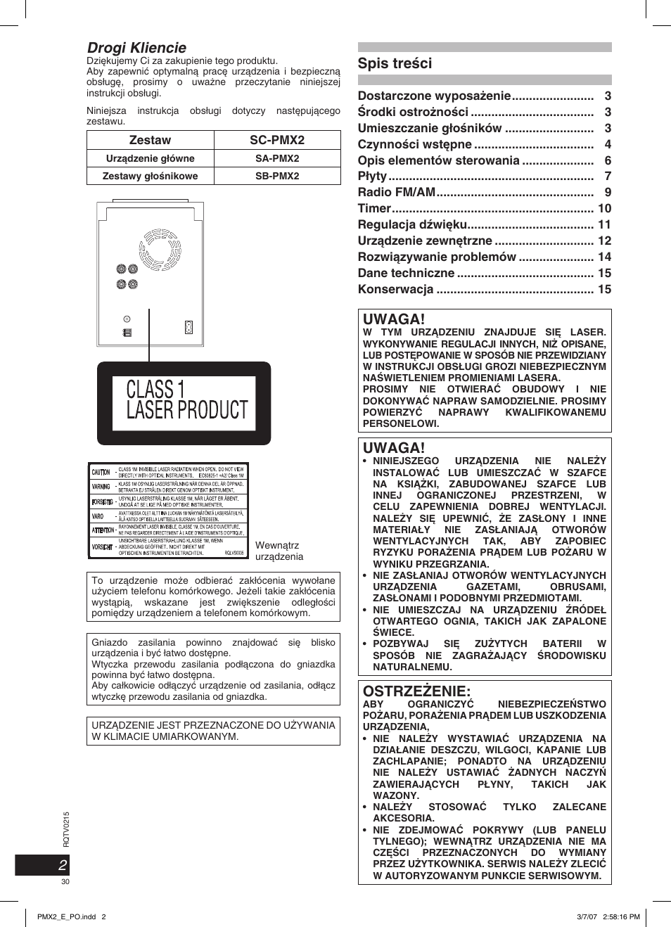 2drogi kliencie, Spis treêci, Uwaga | Ostrze˚enie | Panasonic SCPMX2 User Manual | Page 30 / 58