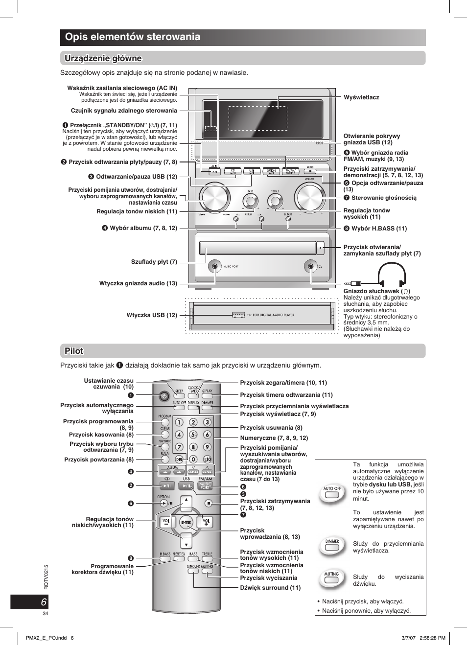 Opis elementów sterowania, Urzàdzenie g∏ówne, Pilot | Panasonic SCPMX2 User Manual | Page 34 / 58