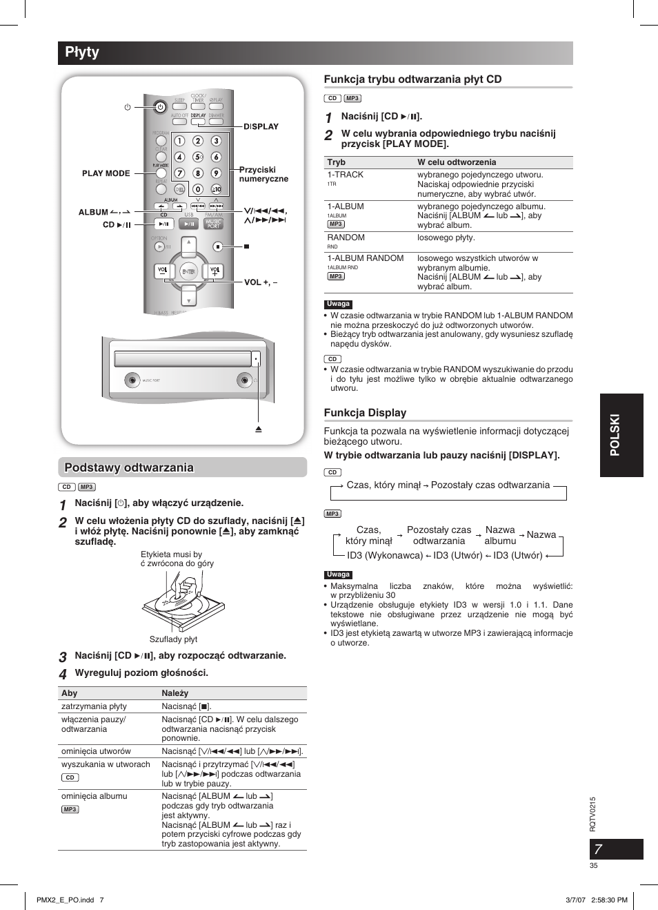 P∏yty, Polski, Podstawy odtwarzania | Panasonic SCPMX2 User Manual | Page 35 / 58