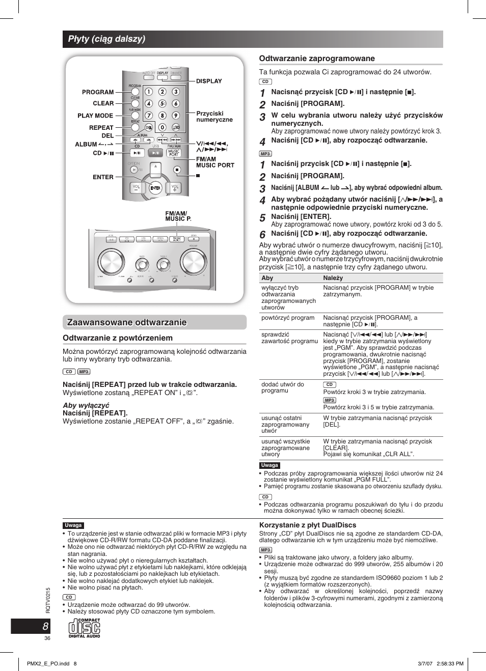 P∏yty (ciàg dalszy), Zaawansowane odtwarzanie | Panasonic SCPMX2 User Manual | Page 36 / 58