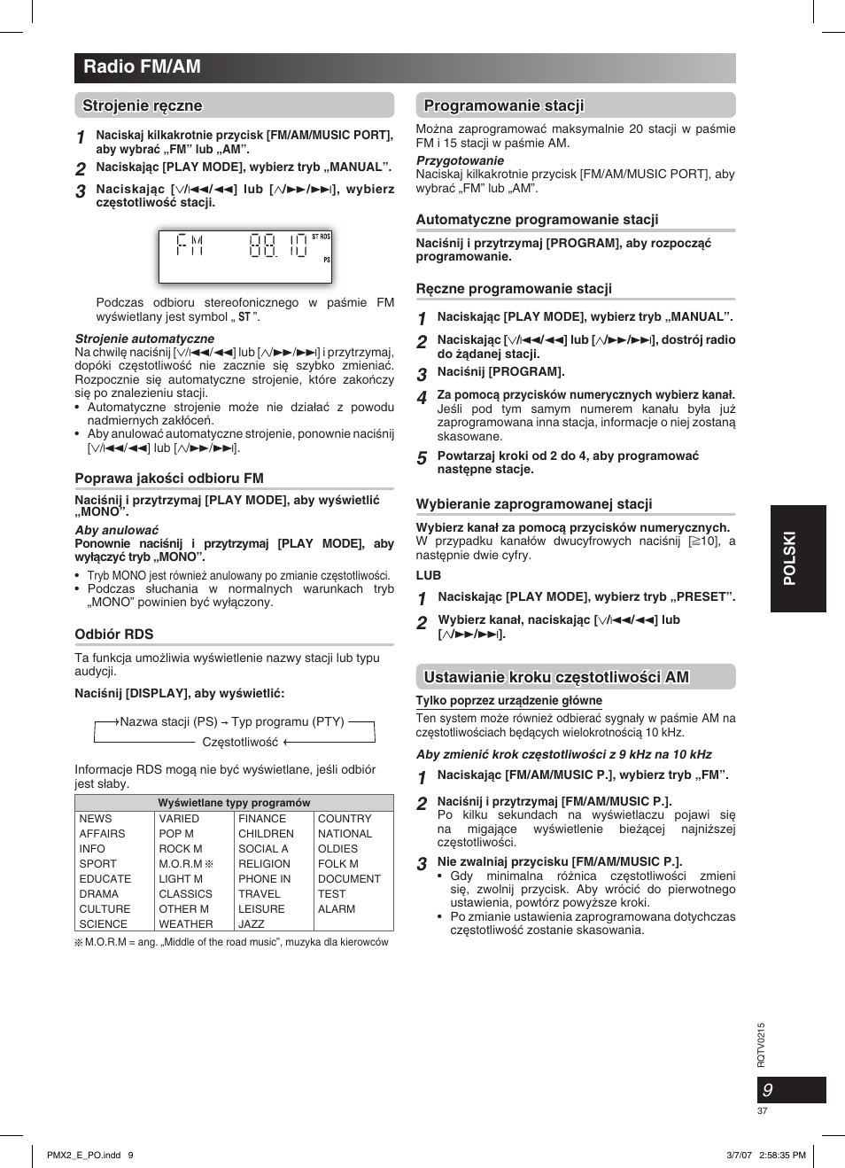 Radio fm/am | Panasonic SCPMX2 User Manual | Page 37 / 58