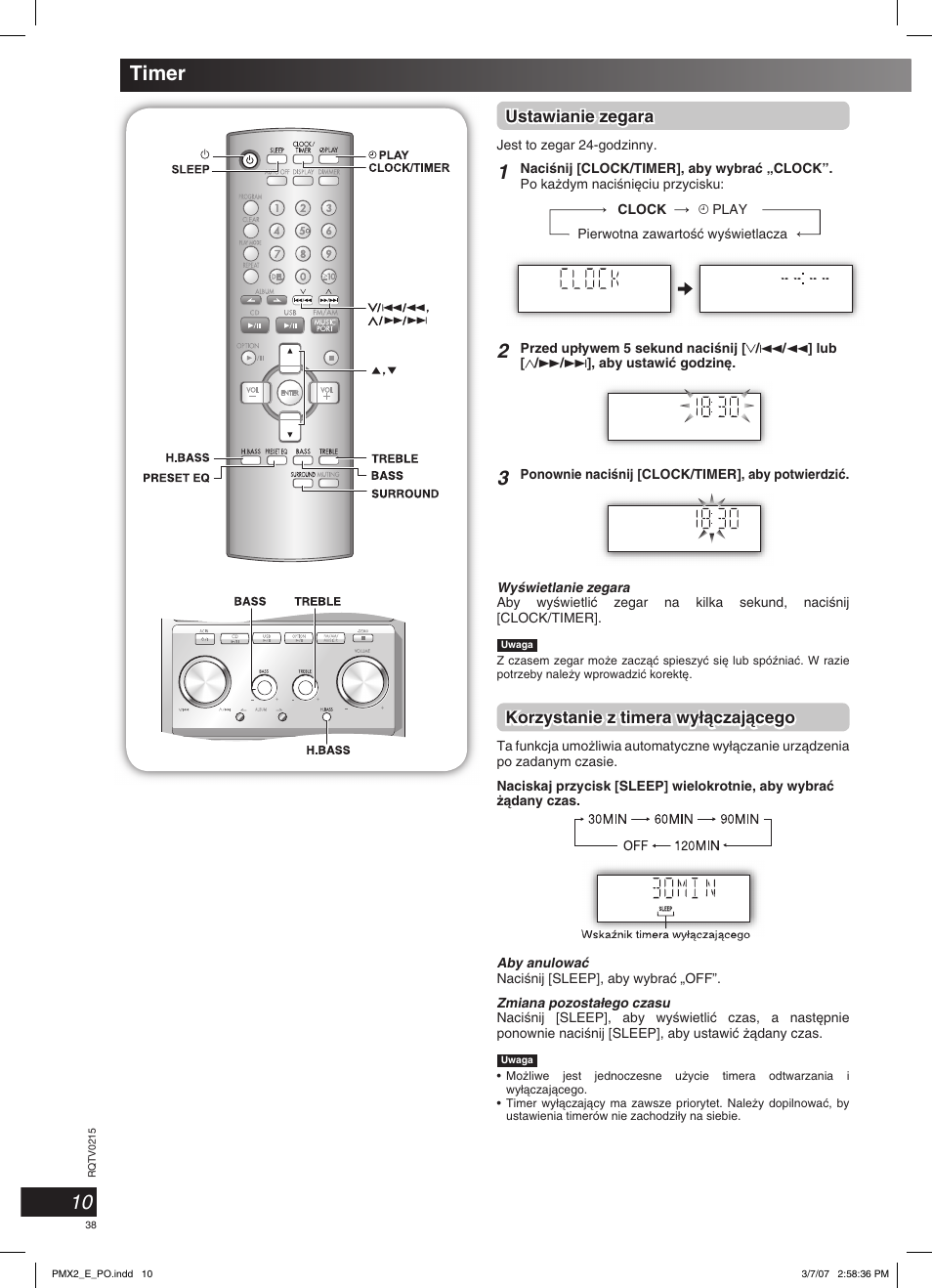 10 timer, Ustawianie zegara, Korzystanie z timera wy∏àczajàcego | Panasonic SCPMX2 User Manual | Page 38 / 58