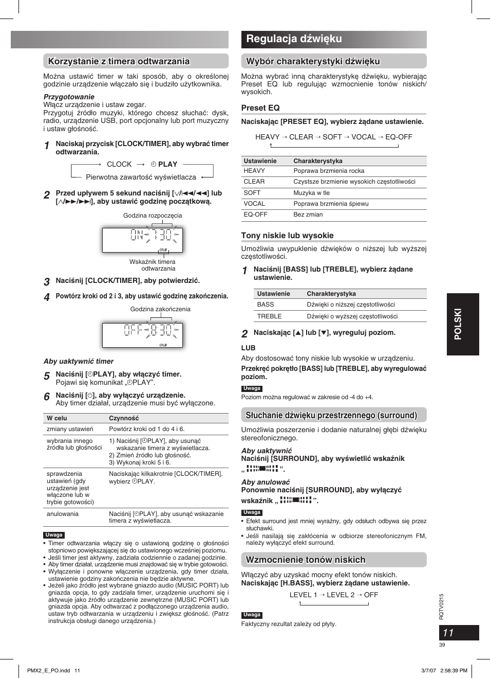 Regulacja dêwi´ku, Polski, Wybór charakterystyki dêwi´ku | S∏uchanie dêwi´ku przestrzennego (surround), Wzmocnienie tonów niskich, Korzystanie z timera odtwarzania | Panasonic SCPMX2 User Manual | Page 39 / 58