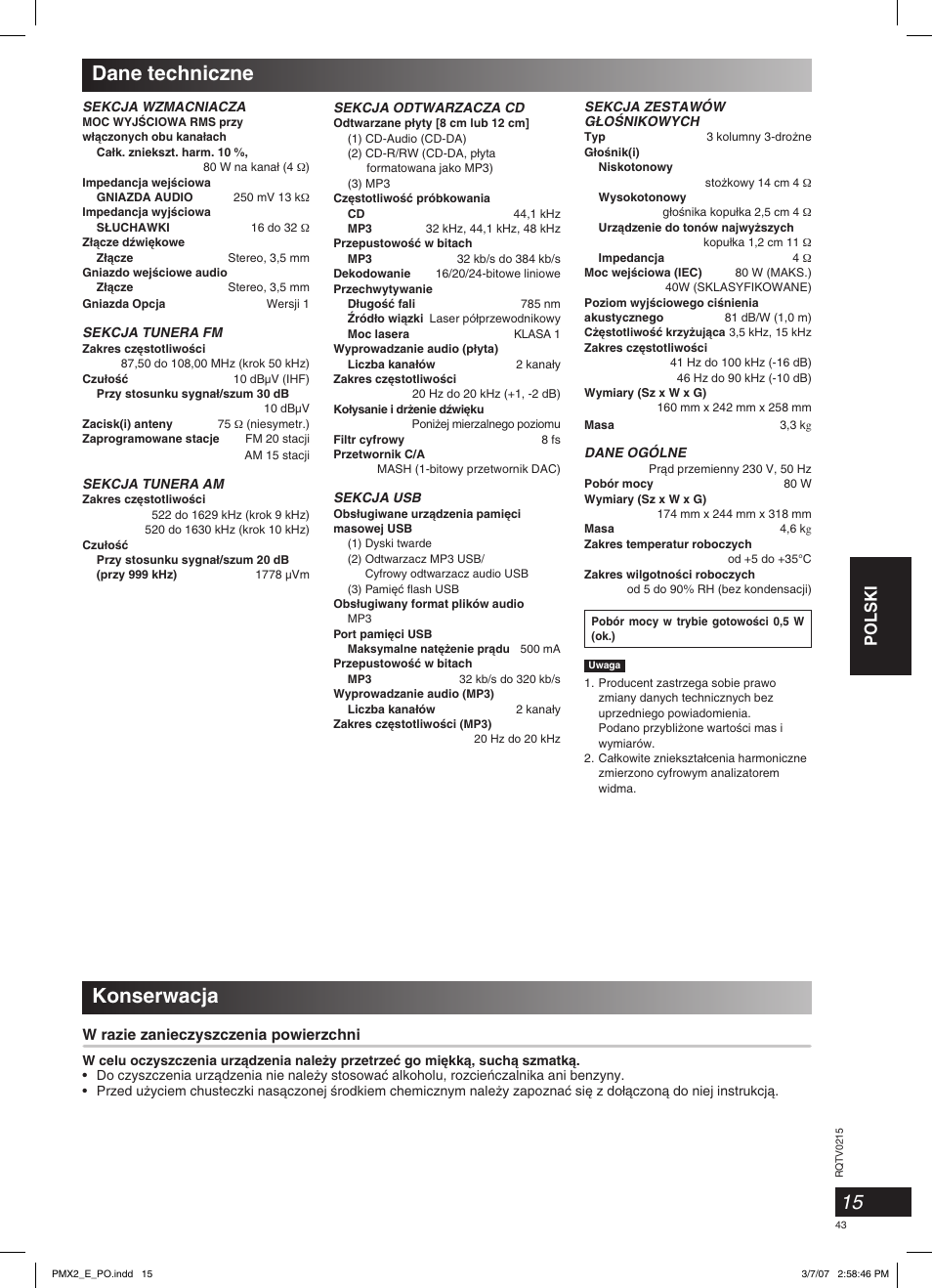 Dane techniczne, Konserwacja, Polski | W razie zanieczyszczenia powierzchni | Panasonic SCPMX2 User Manual | Page 43 / 58