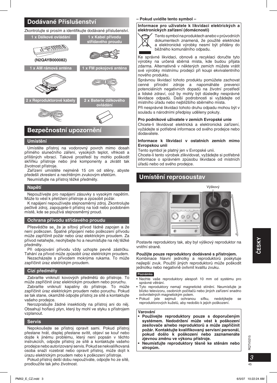 Umístûní reprosoustav, Dodávané pﬁíslu‰enství, Bezpeãnostní upozornûní | Âesky | Panasonic SCPMX2 User Manual | Page 45 / 58