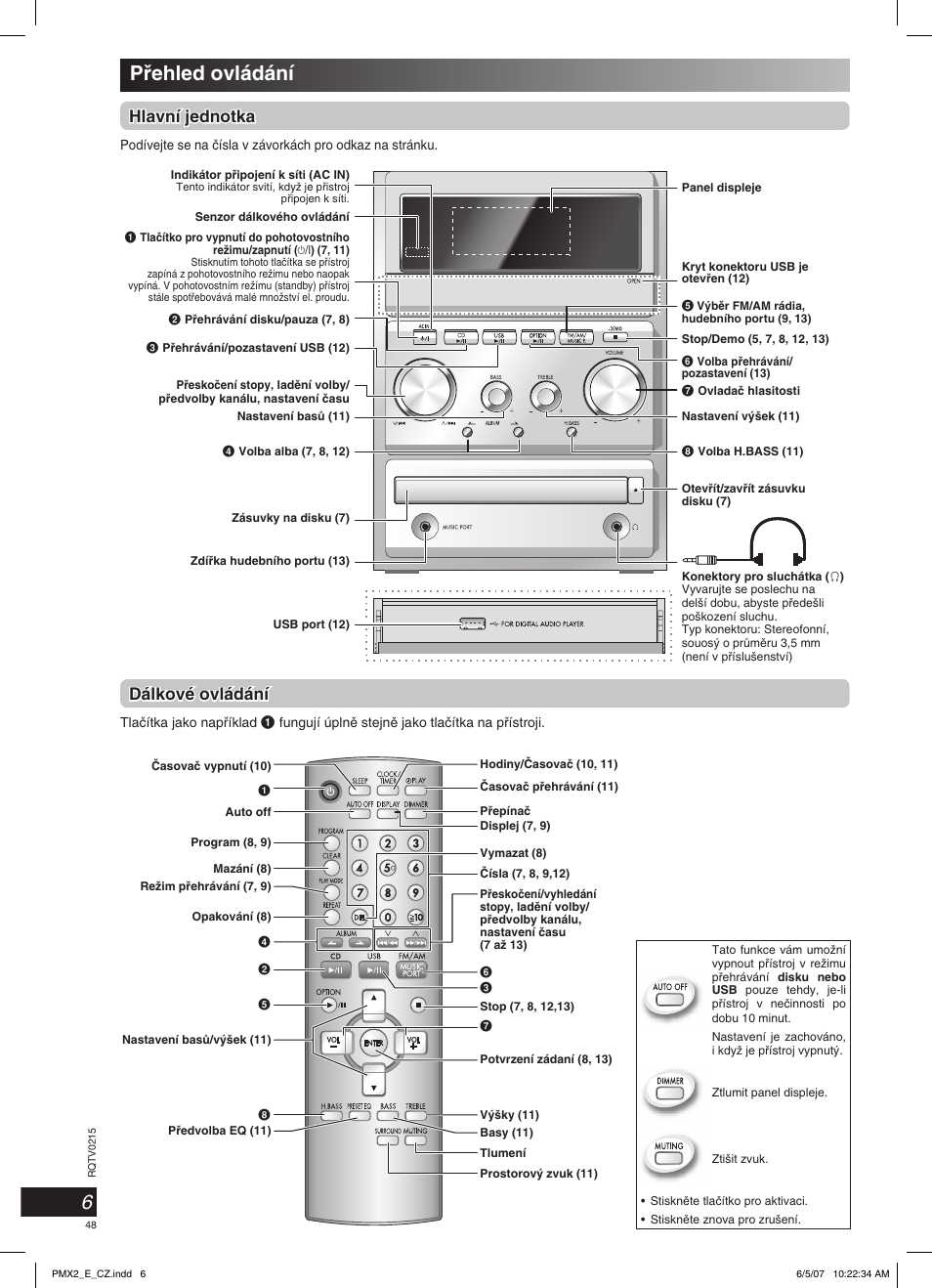 Pﬁehled ovládání, Hlavní jednotka, Dálkové ovládání | Panasonic SCPMX2 User Manual | Page 48 / 58