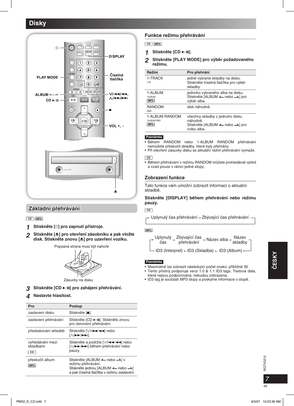 Disky, Âesky, Základní pﬁehrávání | Panasonic SCPMX2 User Manual | Page 49 / 58