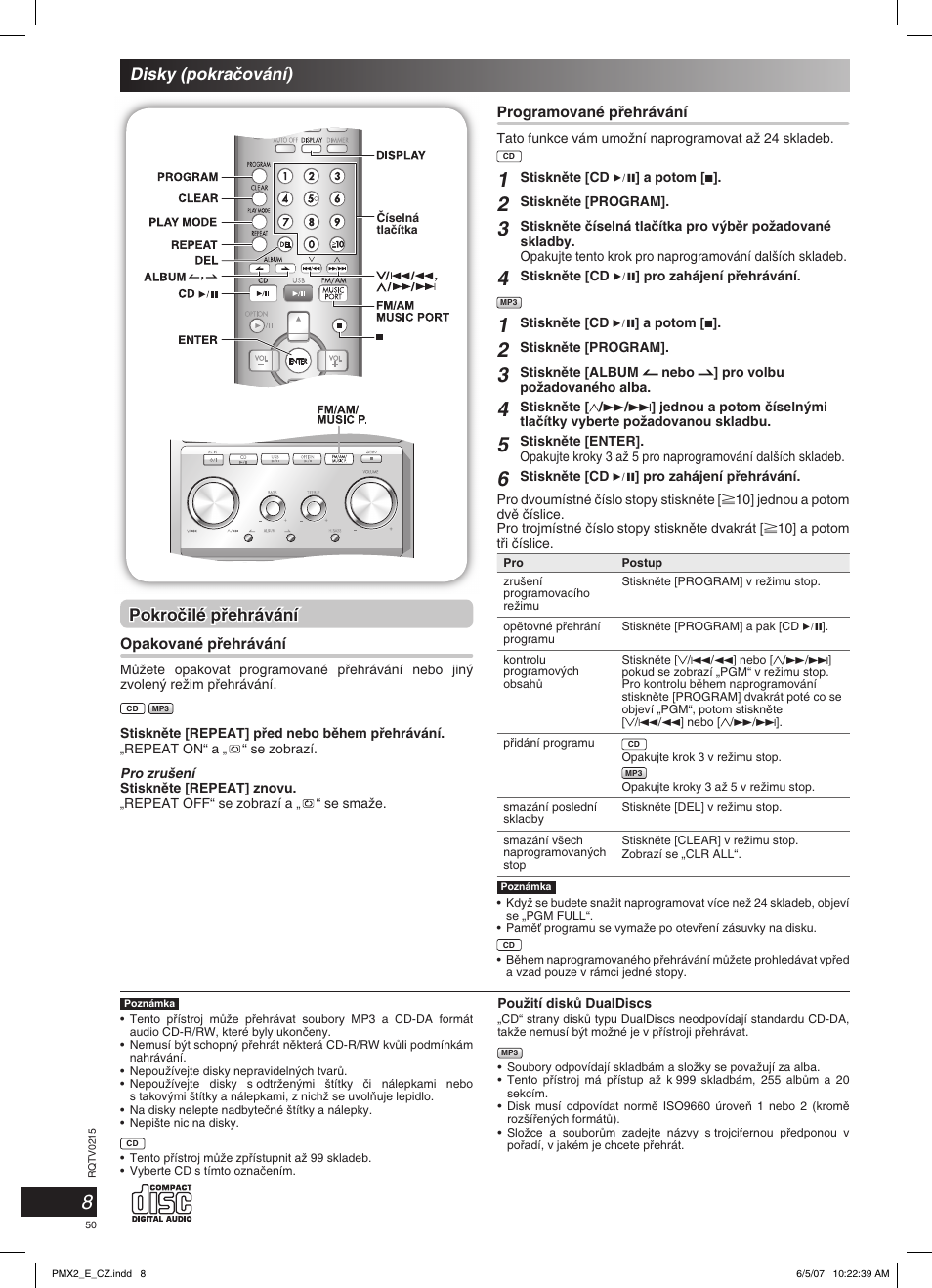 Disky (pokraãování), Pokroãilé pﬁehrávání | Panasonic SCPMX2 User Manual | Page 50 / 58