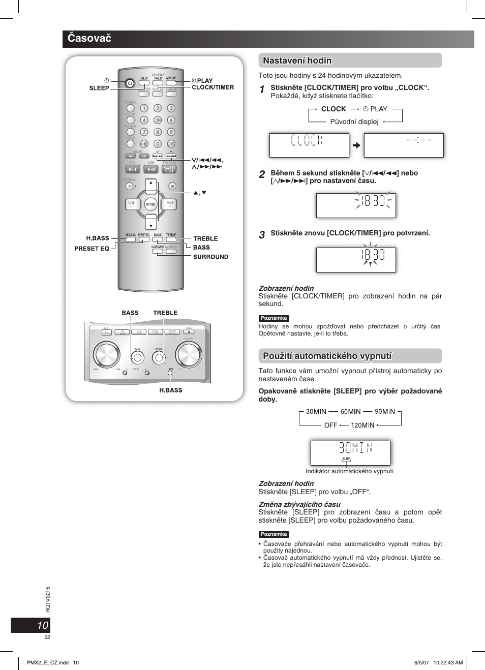 10 âasovaã, Nastavení hodin, Pouïití automatického vypnutí | Panasonic SCPMX2 User Manual | Page 52 / 58