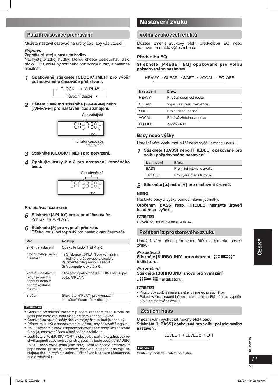 Nastavení zvuku, Âesky, Volba zvukov˘ch efektû | Potû‰ení z prostorového zvuku, Zesílení bass, Pouïití ãasovaãe pﬁehrávání | Panasonic SCPMX2 User Manual | Page 53 / 58