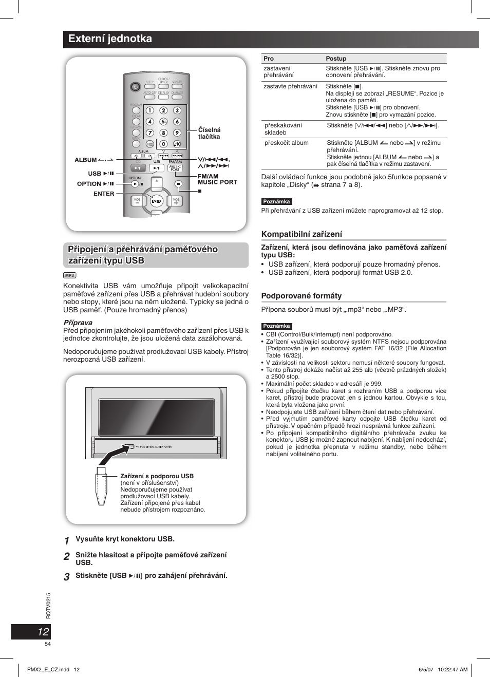 Externí jednotka, Pﬁipojení a pﬁehrávání pamûèového | Panasonic SCPMX2 User Manual | Page 54 / 58