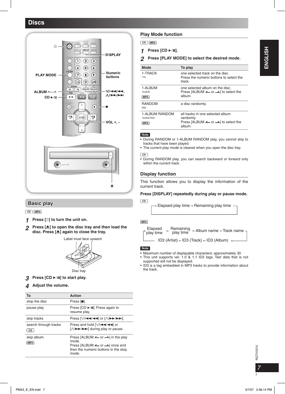 Discs, English, Basic play | Panasonic SCPMX2 User Manual | Page 7 / 58