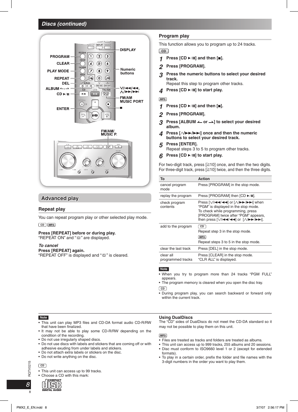 Discs (continued), Advanced play | Panasonic SCPMX2 User Manual | Page 8 / 58