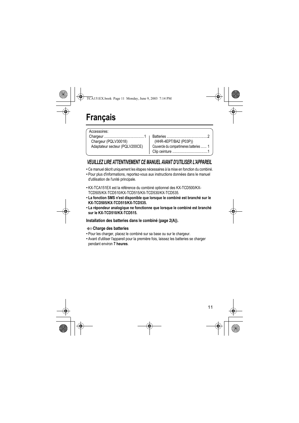 Français | Panasonic KXTCA151EX User Manual | Page 11 / 76