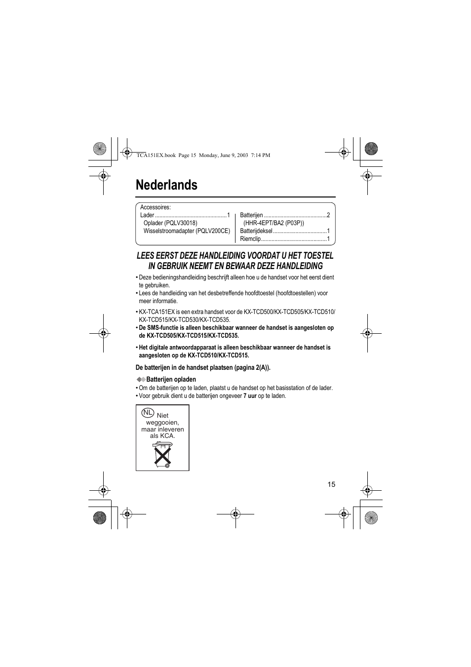 Nederlands | Panasonic KXTCA151EX User Manual | Page 15 / 76