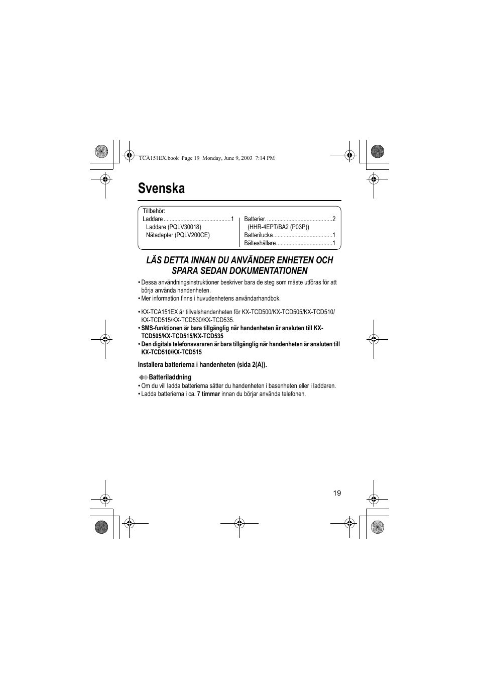 Svenska | Panasonic KXTCA151EX User Manual | Page 19 / 76