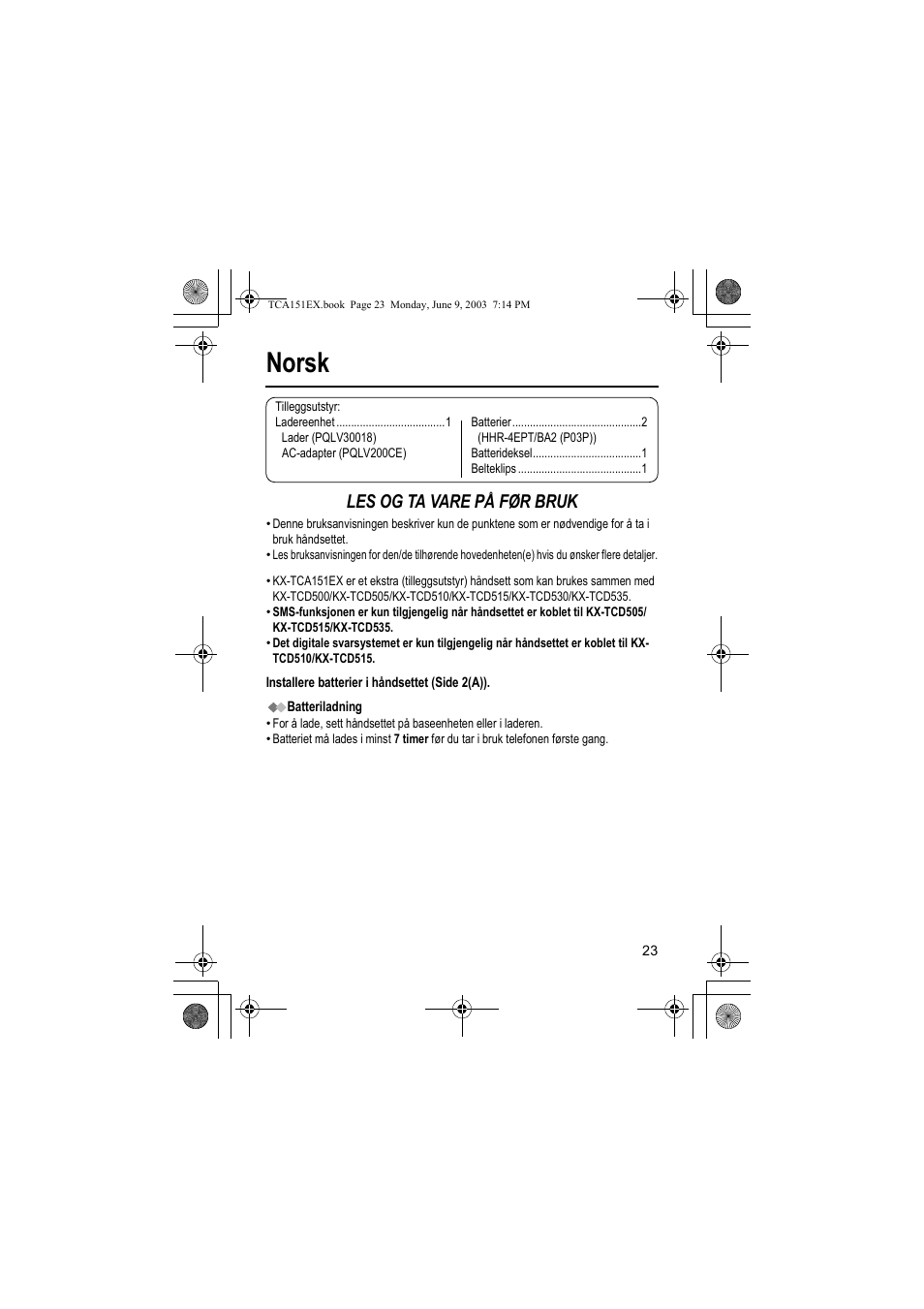 Norsk, Les og ta vare på før bruk | Panasonic KXTCA151EX User Manual | Page 23 / 76