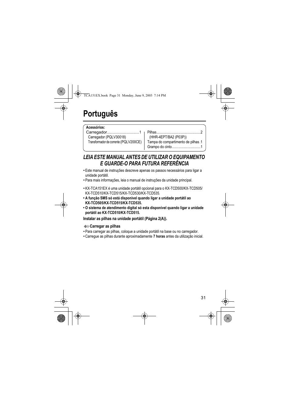 Português | Panasonic KXTCA151EX User Manual | Page 31 / 76