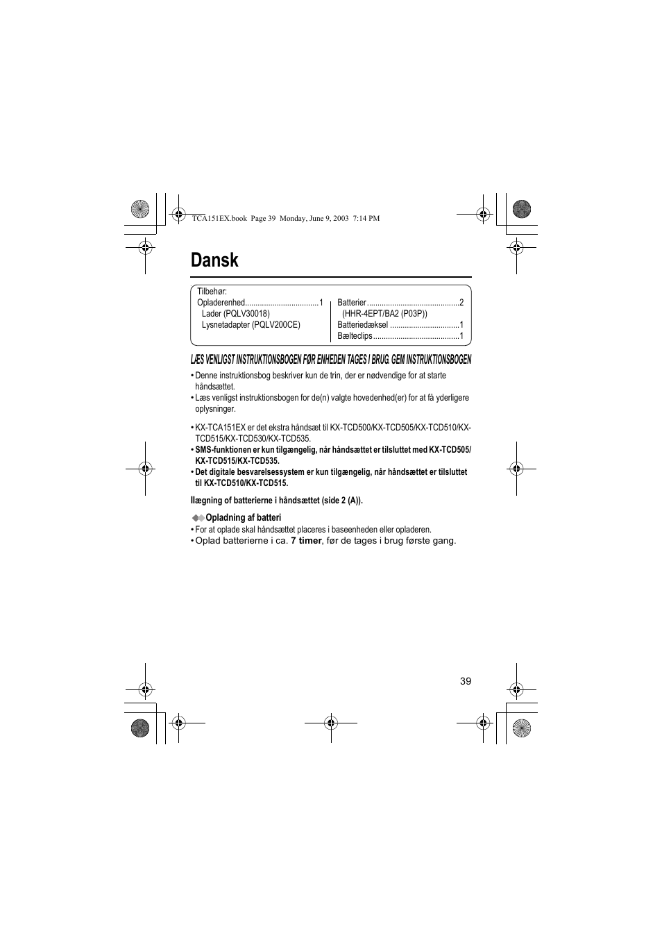 Dansk | Panasonic KXTCA151EX User Manual | Page 39 / 76