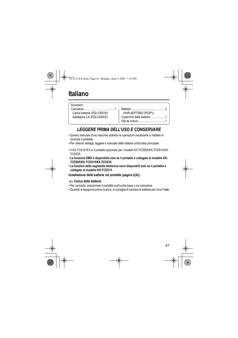 Italiano, Leggere prima dell’uso e conservare | Panasonic KXTCA151EX User Manual | Page 47 / 76