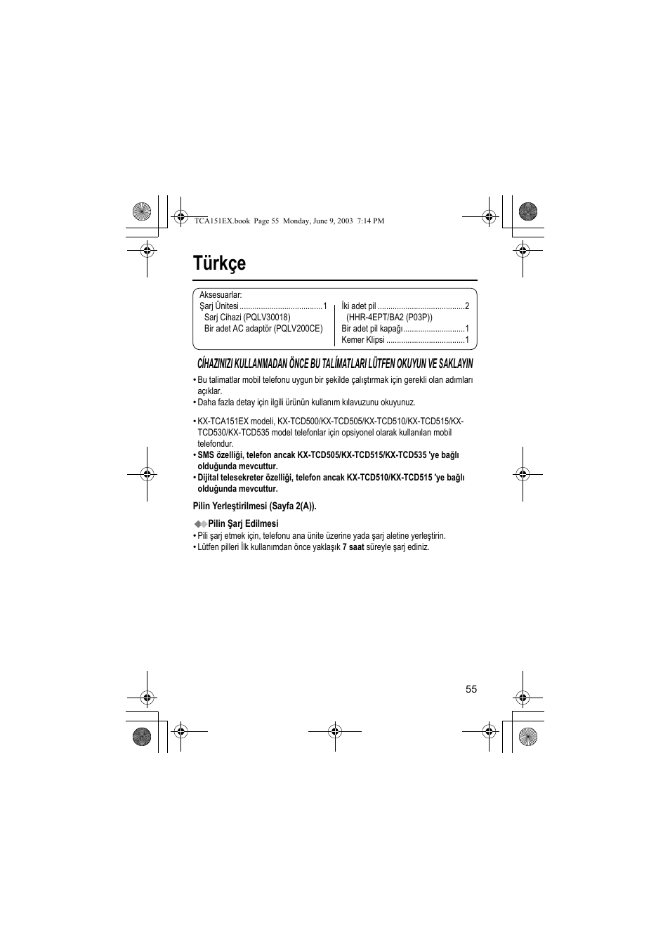 Türkçe | Panasonic KXTCA151EX User Manual | Page 55 / 76