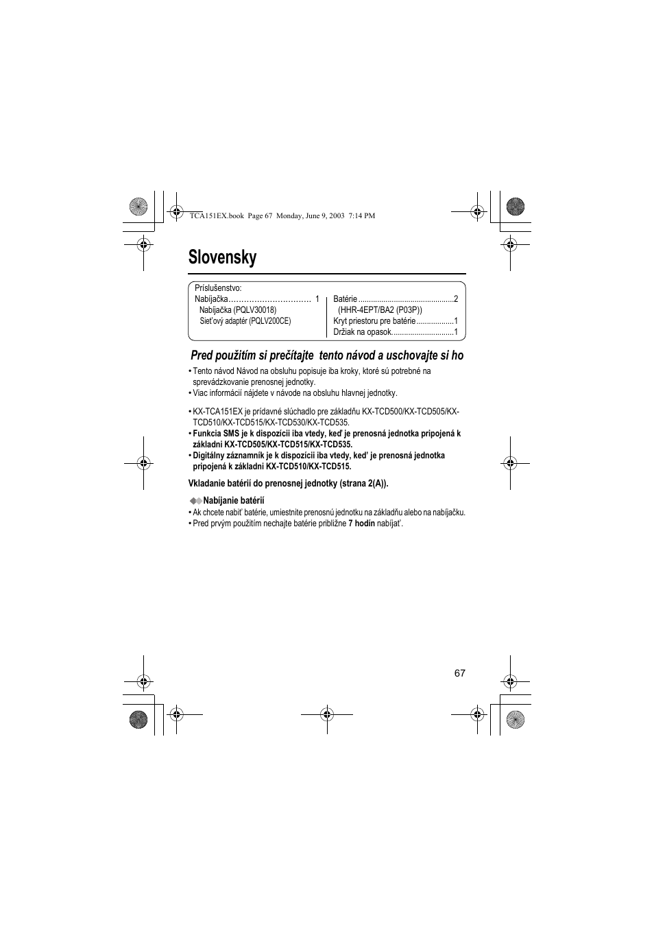 Slovensky | Panasonic KXTCA151EX User Manual | Page 67 / 76