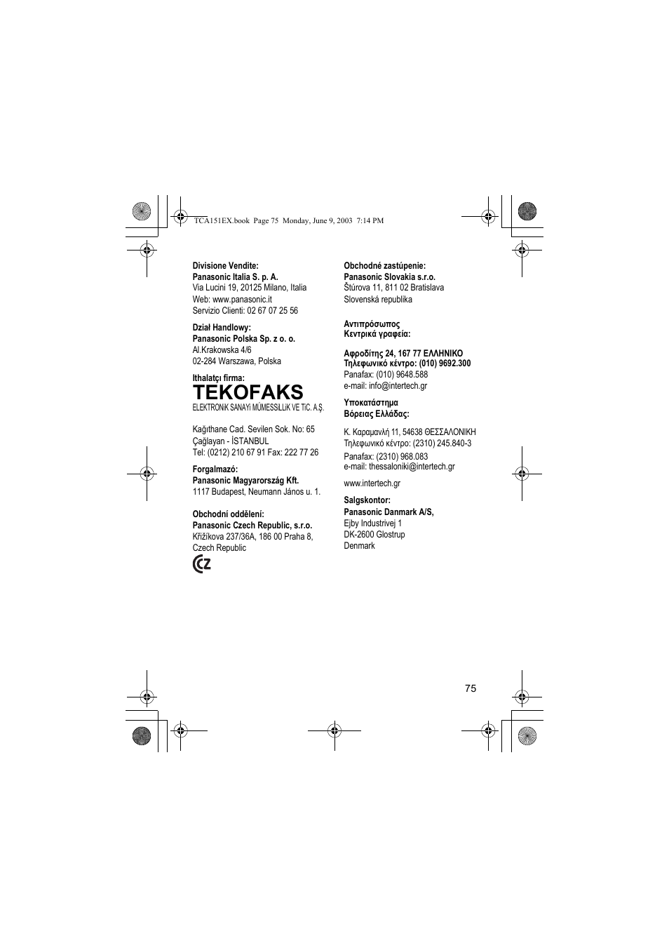 Tekofaks | Panasonic KXTCA151EX User Manual | Page 75 / 76