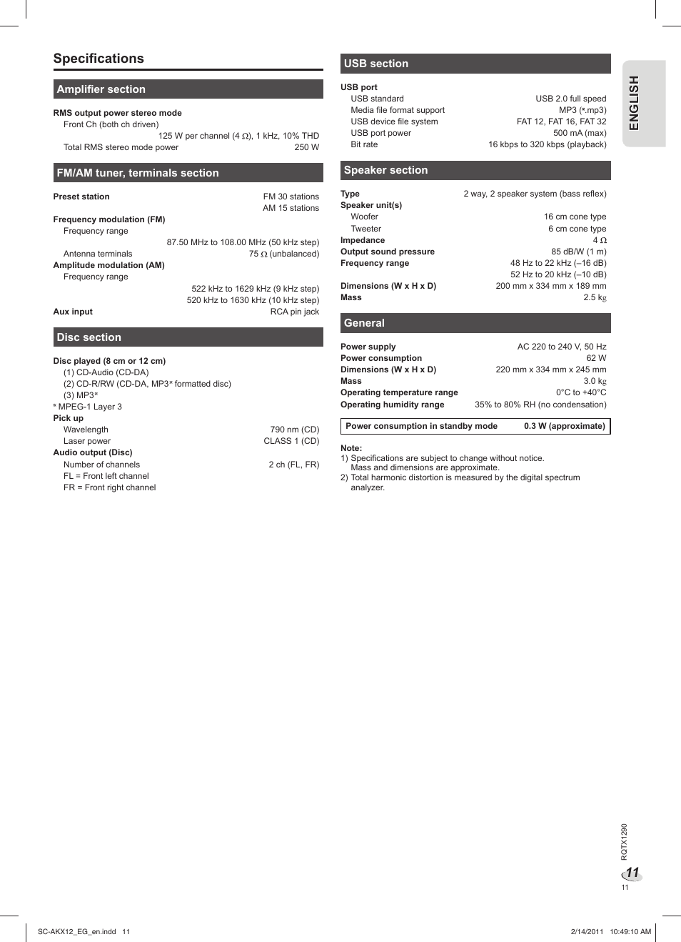 Specifications, En g l is h engl ish | Panasonic SCAKX12EG User Manual | Page 11 / 32