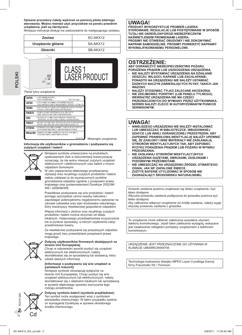 Sc-akx12_eg_pl, Uwaga, Ostrzeżenie | Panasonic SCAKX12EG User Manual | Page 12 / 32