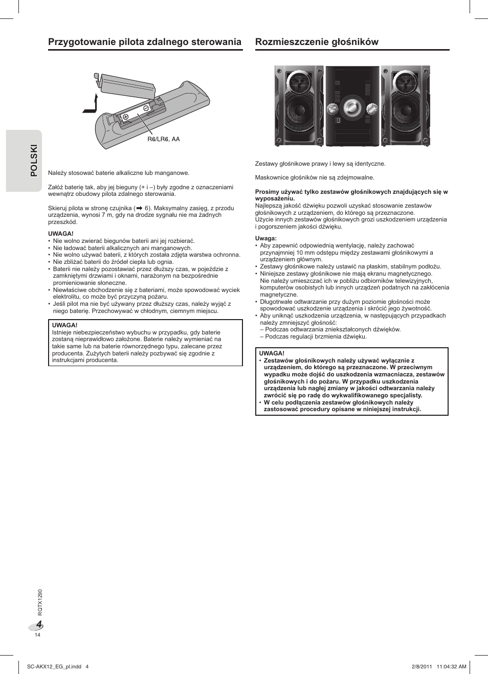 Przygotowanie pilota zdalnego sterowania, Rozmieszczenie głośników | Panasonic SCAKX12EG User Manual | Page 14 / 32