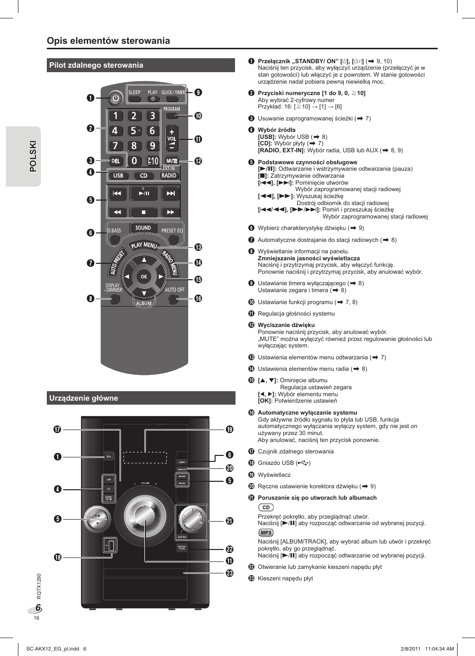 Opis elementów sterowania | Panasonic SCAKX12EG User Manual | Page 16 / 32