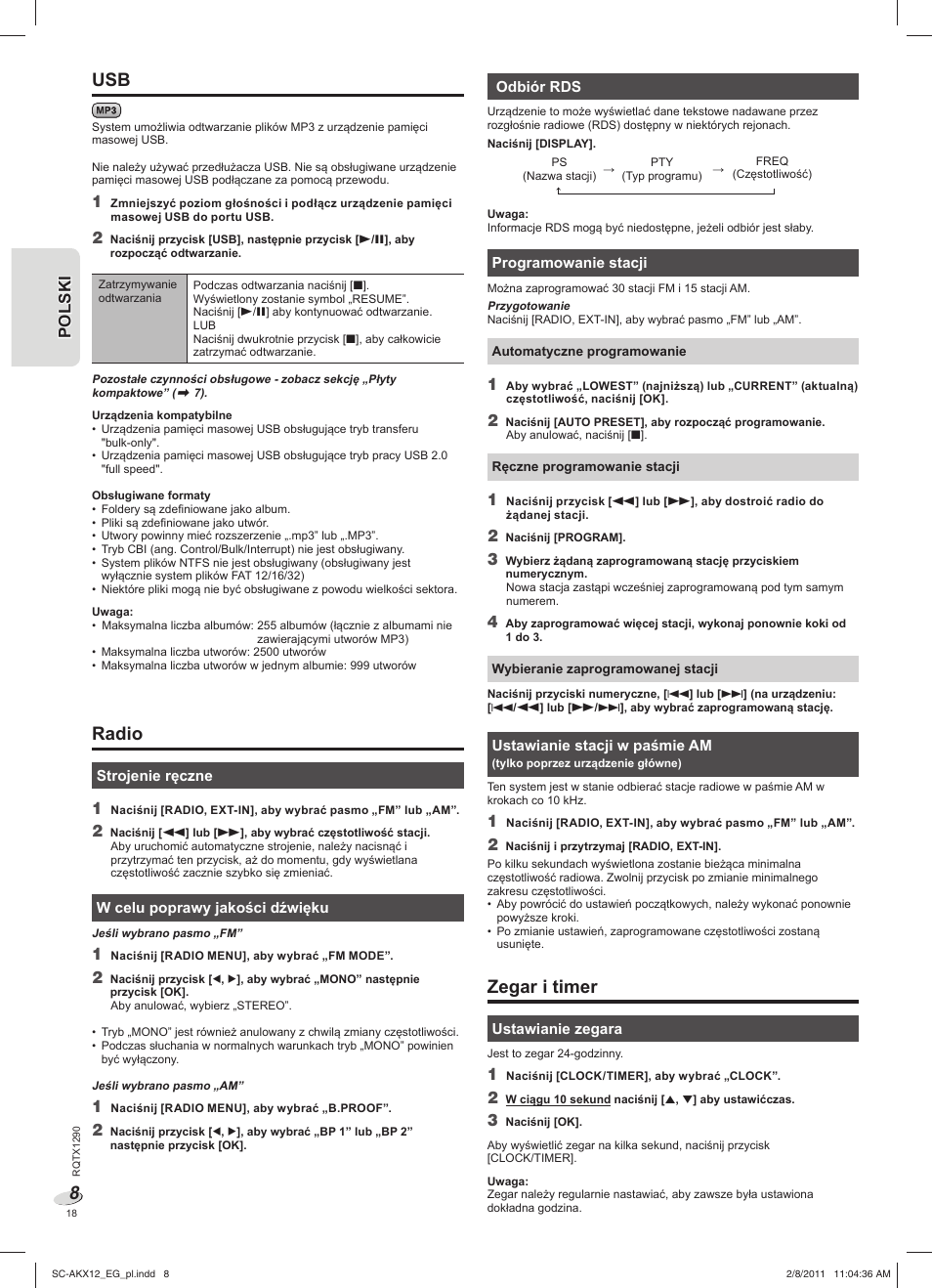 Zegar i timer, Radio | Panasonic SCAKX12EG User Manual | Page 18 / 32