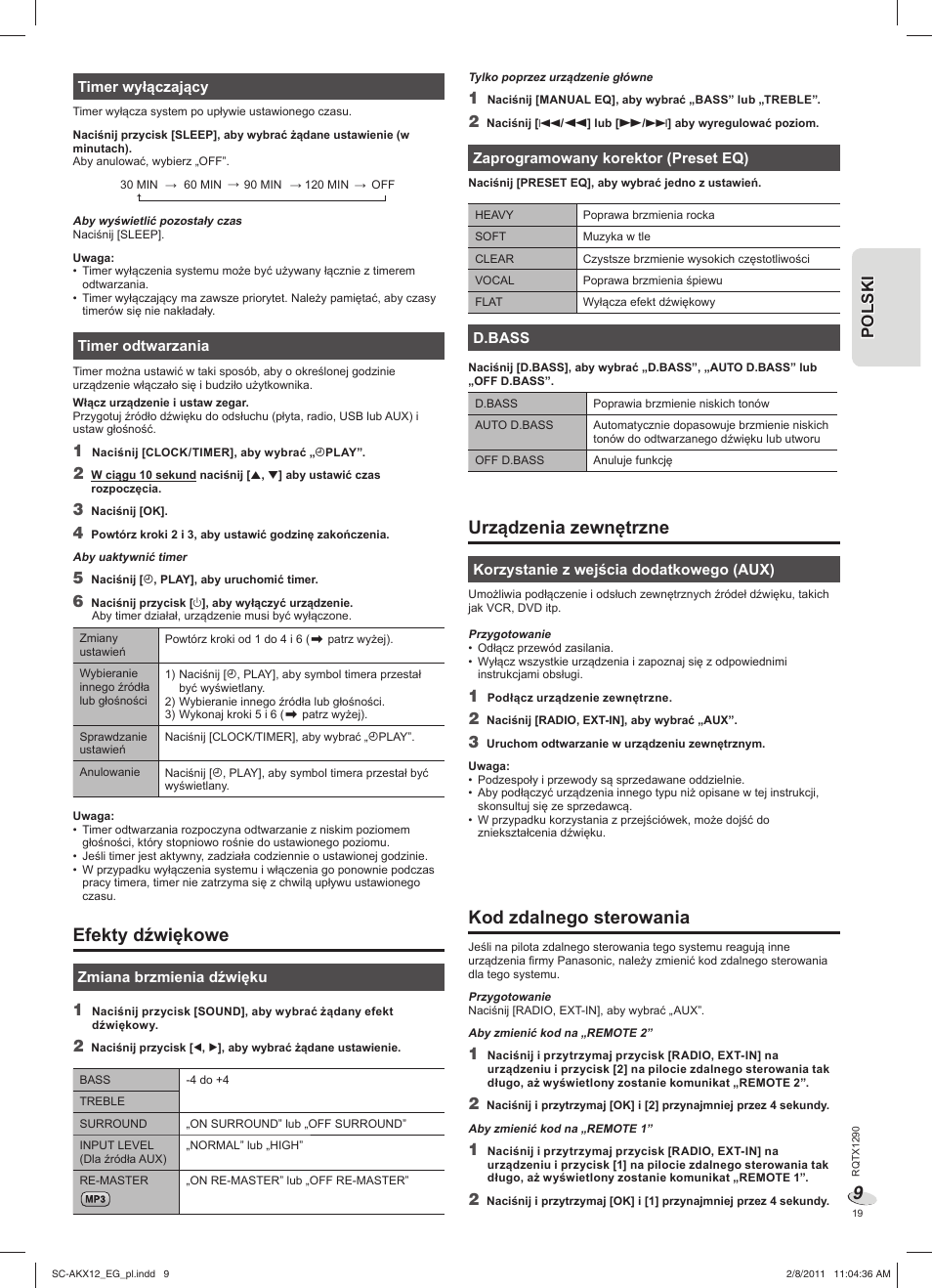 Urządzenia zewnętrzne, Kod zdalnego sterowania, Efekty dźwiękowe | Panasonic SCAKX12EG User Manual | Page 19 / 32