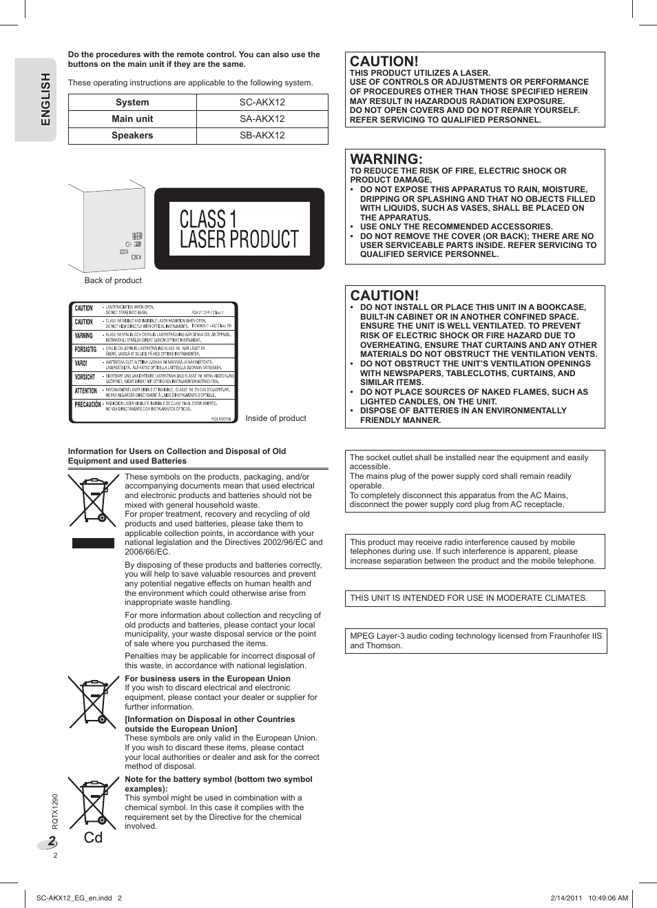 Caution, Warning, En g l is h engl ish | Panasonic SCAKX12EG User Manual | Page 2 / 32