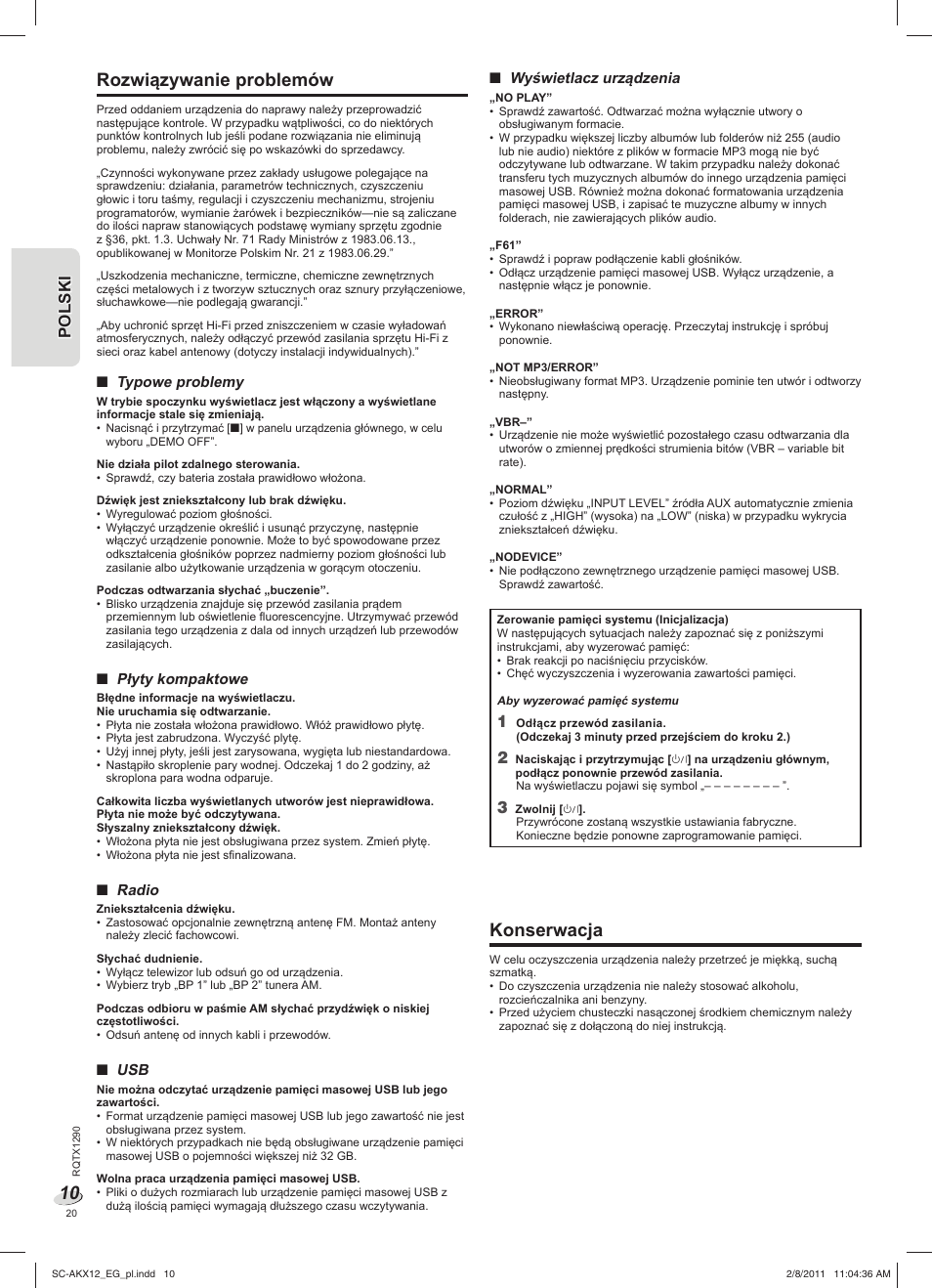 Rozwiązywanie problemów, Konserwacja | Panasonic SCAKX12EG User Manual | Page 20 / 32
